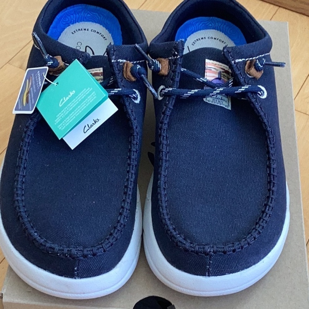 Clarks Driftlite Surf navy blue canvas slip on shoes, men’s size 10 - Picture 2 of 16